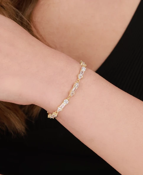 Baget Taşlı Gümüş Bileklik - Gold Renk ürün görseli 1