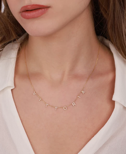 Beyaz Taşlı 7 mm Taşlı Gümüş İsim Kolye  - Gold Renk ürün görseli 1