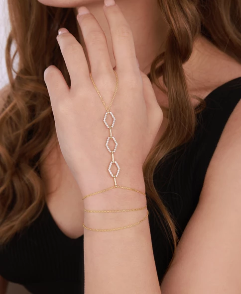 3 Sıra Altıgen Modeli Gümüş Şahmeran Bileklik - Gold Renk ürün görseli 1