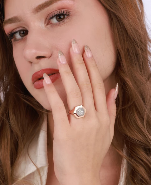 Ortası Yuvarlak Çokgen Model Gümüş Yüzük - Rose Renk ürün görseli 1