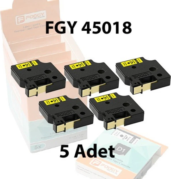 Foogy Dymo D1 Muadili Etiket Plastik Sarı - 12 mm x 7 mt - 45018 - Eko Paket 5'li ürün görseli 1