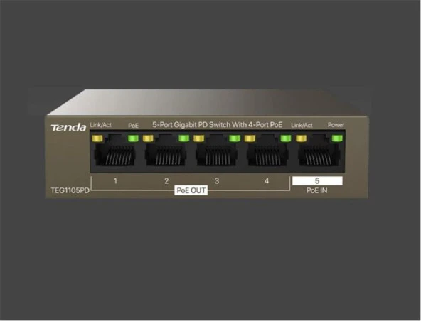 Tenda G0-5G-PoE 5 Port 4 Port Poe+ 10-100-1000 Switch Çelik Kasa POE Router ürün görseli 1