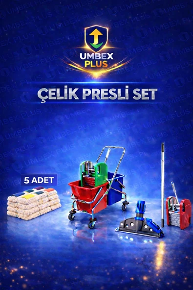 Umbex Plus Çift Kovalı Temizlik Arabası Krom Gövdeli Çelik Presli Paspas Arabası Seti Islak Mop Seti. ürün görseli 1