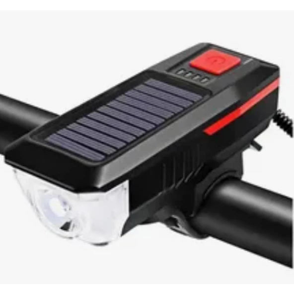 Solar Enerjili USB ile Şarj Edilebilir Ledli Bisiklet Feneri Kornalı ve Su Geçirmez Far ürün görseli 1