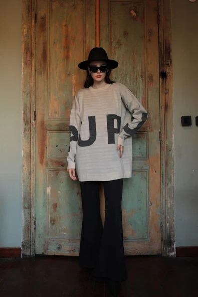 VioShine Kadın Oversize Baskılı Triko Kazak - Resim 2