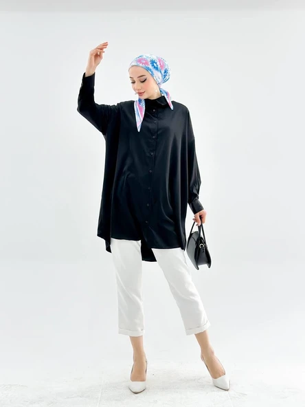 VıoShıne Kadın Oversize Saten Gömlek - Resim 12