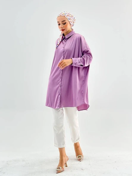 VıoShıne Kadın Oversize Saten Gömlek - Resim 8