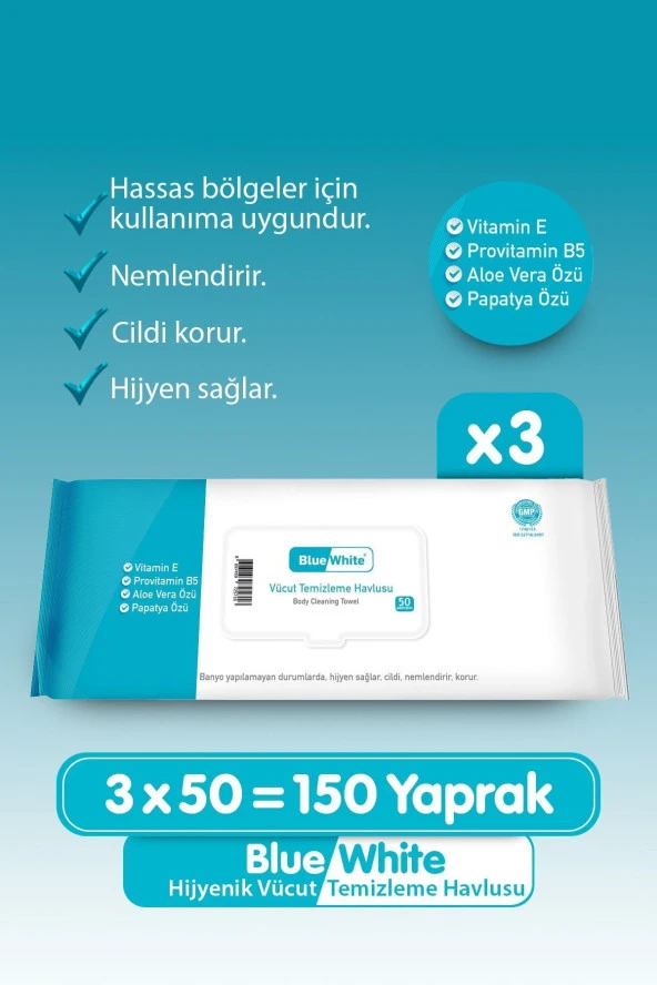 Bluewhite Yetişkin Hasta Vücut Temizleme Mendil 3'lü Set 50 Yaprak ürün görseli 1