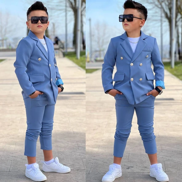 MODAVALS 4 PARÇA 6 DÜĞMELİ CEKETLİ ERKEK ÇOCUK TAKIM ELBİSE - BEYAZ TSHIRT ürün görseli 1