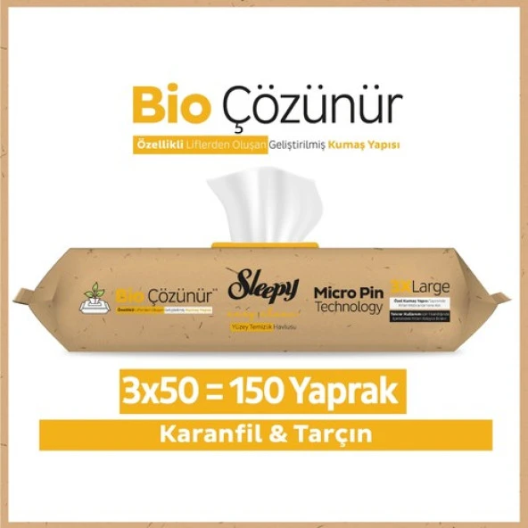 Sleepy Easy Clean Bio Çözünür Karanfil ve Tarçın Yüzey Temizlik Havlusu 3X50 (150 Yaprak) ürün görseli 1