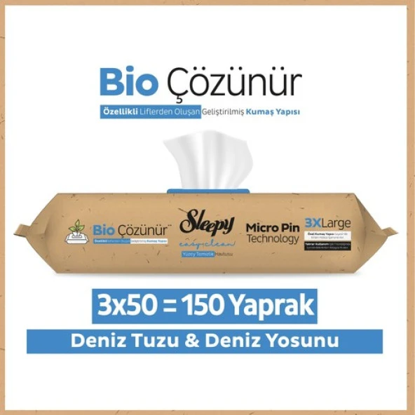 Sleepy Easy Clean Bio Çözünür Deniz Tuzu ve Deniz Yosunu Yüzey Temizlik Havlusu 3X50 (150 Yaprak) ürün görseli 1