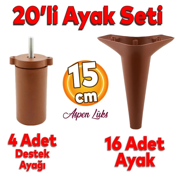 20'li Set Aspen Lüks Mobilya Kanepe Koltuk TV Ünitesi Yükseltici Destek Ayağı Ayakları15 cm Kahve ürün görseli 1