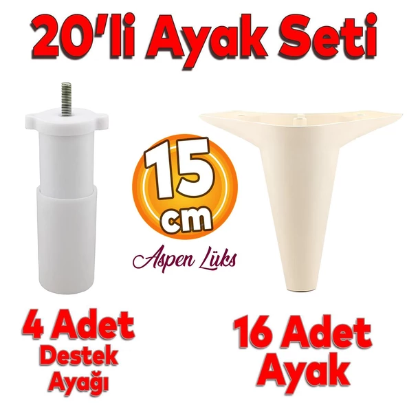 20'li Set Aspen Lüks Mobilya Kanepe Koltuk TV Ünitesi Yükseltici Destek Ayağı Ayakları 15 cm Krem ürün görseli 1
