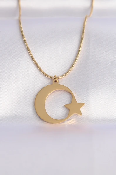 316L Çelik Zincir Gold Renk Ay Yıldız Unisex Kolye TJ-BKO8699 ürün görseli 1