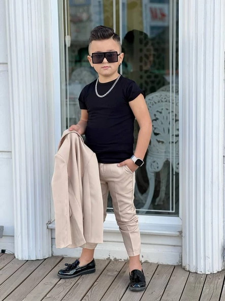 MODAVALS 4 PARÇA 6 DÜĞMELİ CEKETLİ ERKEK ÇOCUK TAKIM ELBİSE - SİYAH TSHIRT ürün görseli 1