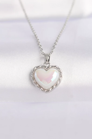 316L Çelik Zincir Gümüş Renk Beyaz Taşlı Bombeli Kalp Kolye TJ-BKO8631 ürün görseli 1
