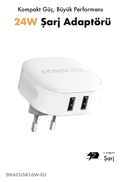 Duracell 24W Seyahat Şarj Adaptörü Çift USB 2xUSB-A / Telefon Tablet Hızlı Şarj Cihazı Beyaz ürün görseli 1