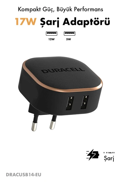 Duracell 17W 2xUSB-A Seyahat Şarj Adaptörü  / Çift Çıkışlı Telefon Şarj Cihazı Siyah ürün görseli 1
