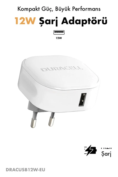 Duracell 12W USB-A Seyahat Şarj Adaptörü  / Telefon ve Tablet Hızlı Şarj Cihazı Beyaz ürün görseli 1