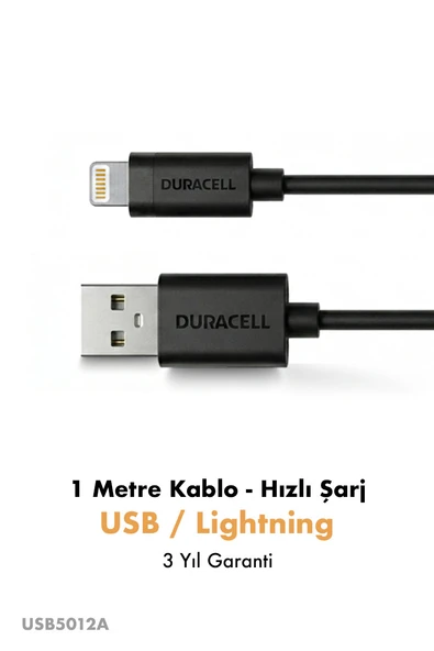 Duracell USB-A to Lightning Hızlı Şarj ve Data Kablosu 1 metre - Siyah ürün görseli 1