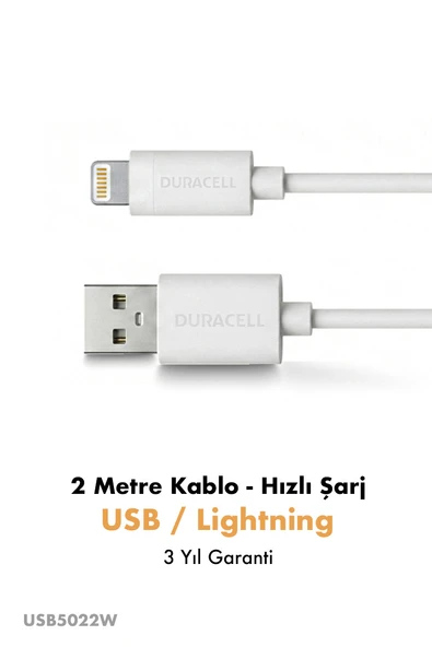 Duracell USB-A to Lightning Hızlı Şarj ve Data Kablosu 2 metre - Beyaz ürün görseli 1