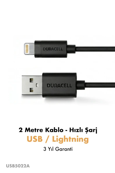Duracell USB-A to Lightning Hızlı Şarj ve Data Kablosu 2 metre - Siyah ürün görseli 1