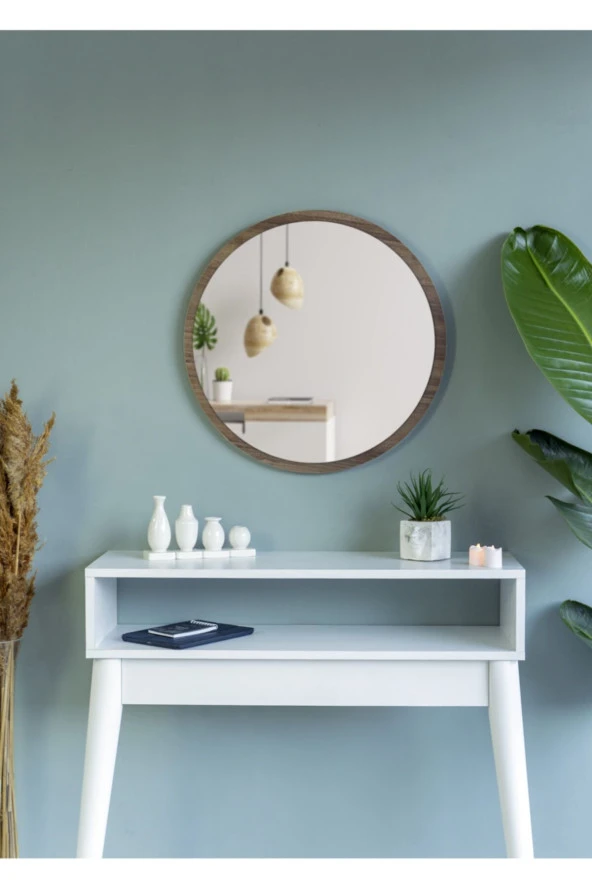 Nysamo 45 cm Ceviz Dekoratif Yuvarlak Antre Hol Koridor Duvar Salon Mutfak Banyo Ofis Aynası ürün görseli 1