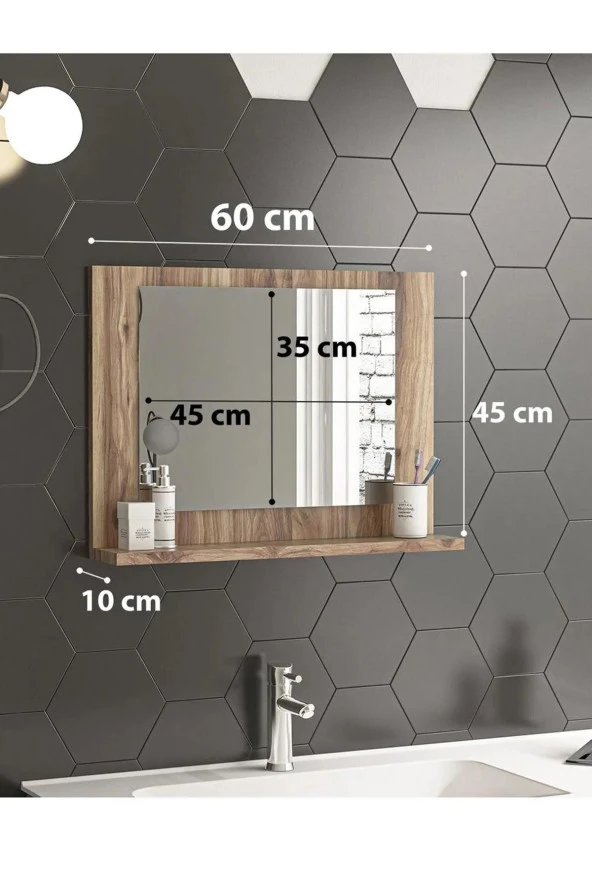 Nysamo 60x45cm Ceviz Raflı Banyo Aynası Dresuar Yatak Odası Boy Aynası ürün görseli 1
