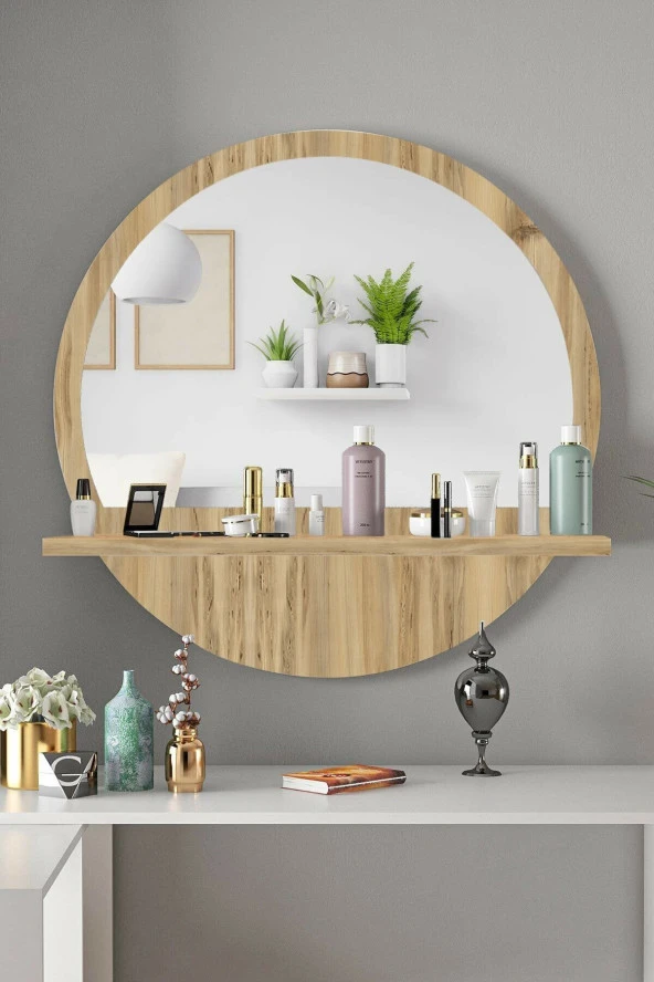 TARZDESİGN Yuvarlak Raflı 45cm Koridor Dresuar Konsol Duvar Salon Banyo Ofis Çocuk Yatak Oda Raflı Aynası ürün görseli 1