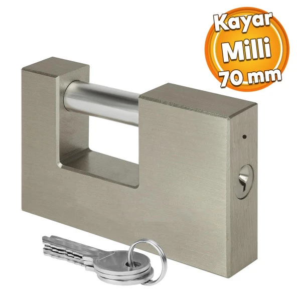 Kepenk İşyeri Kapısı Kilidi Yassı Kayar Milli Saten Asma Kilit Kapı Emniyet 70 mm 3 Anahtarlı Metal ürün görseli 1