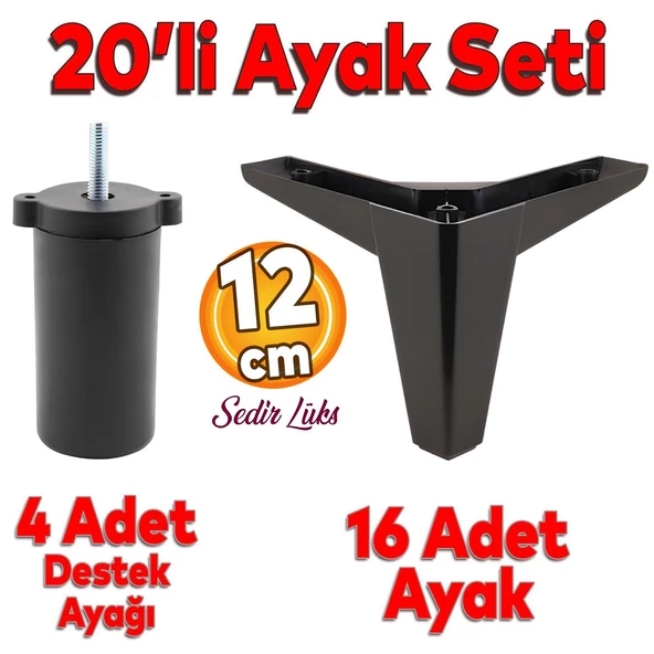 20'li Set Sedir Lüks Mobilya Kanepe Koltuk TV Ünitesi Yükseltici Destek Ayağı Ayakları 12 cm Siyah ürün görseli 1