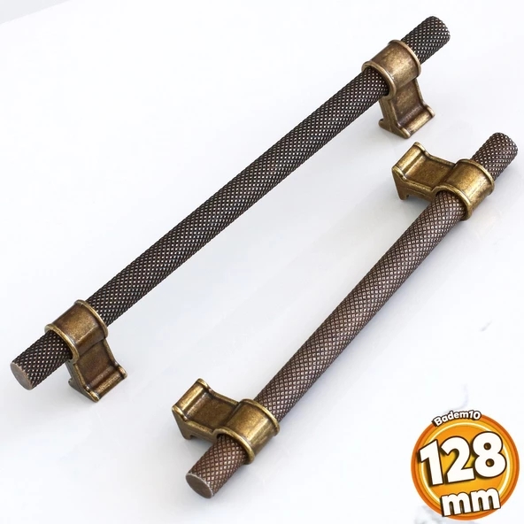 Hisar Eskitme Antik Sarı Metal 128 mm Tırtıklı Desen Mobilya Mutfak Dolap Kulpu Kulbu Kulpları ürün görseli 1