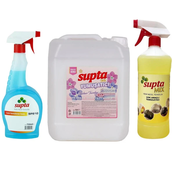 Supta Genel Temizlik Seti Çok Amaçlı Temizleyici 1 LT - Cam Sil 750 ML - Çamaşır Yumuşatıcısı 5 LT ürün görseli 1