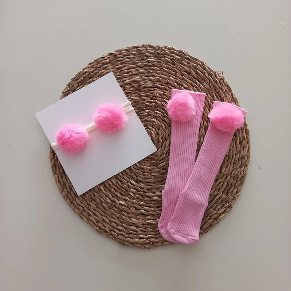 MARS BABY Kız Bebek Pembe Ponponlu Çorap ve Bandana Takımı ürün görseli 1