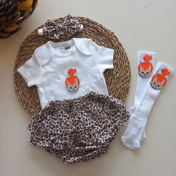 MARS BABY Kız Bebek Leopar Çakıl Fırfır Şort Etek Bodyli Bandana Çorap Takımı - Resim 2