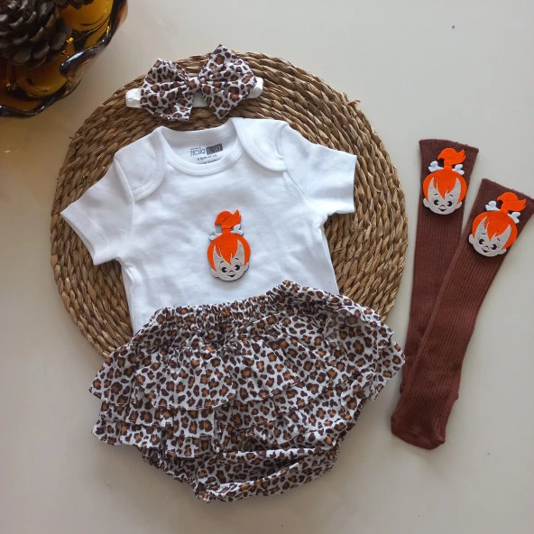 MARS BABY Kız Bebek Leopar Çakıl Fırfır Şort Etek Bodyli Bandana Çorap Takımı - Resim 3