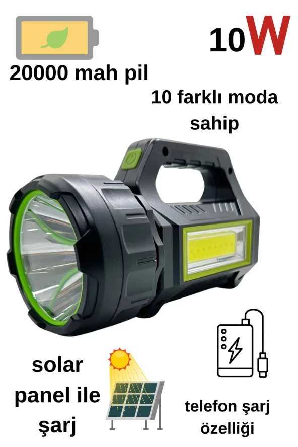 Ps-t95 10w Uzun Menzilli Solar Panelli Powerbank Usb Çıkış S.o.s Lu Ultra Güçlü Ledli Şarjlı Fener ürün görseli 1