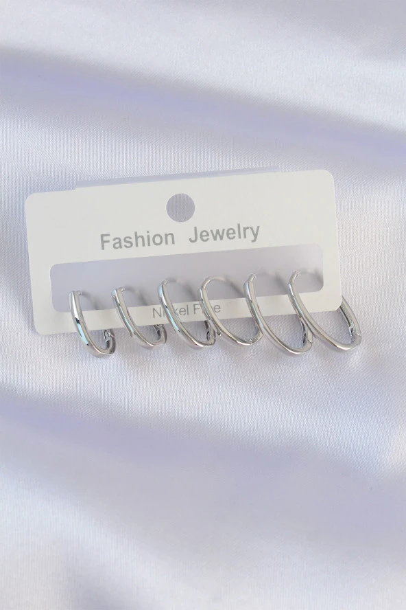 Pirinç Gümüş Renk İnce Oval Küpe Seti - EBJ240601W24764 ürün görseli 1