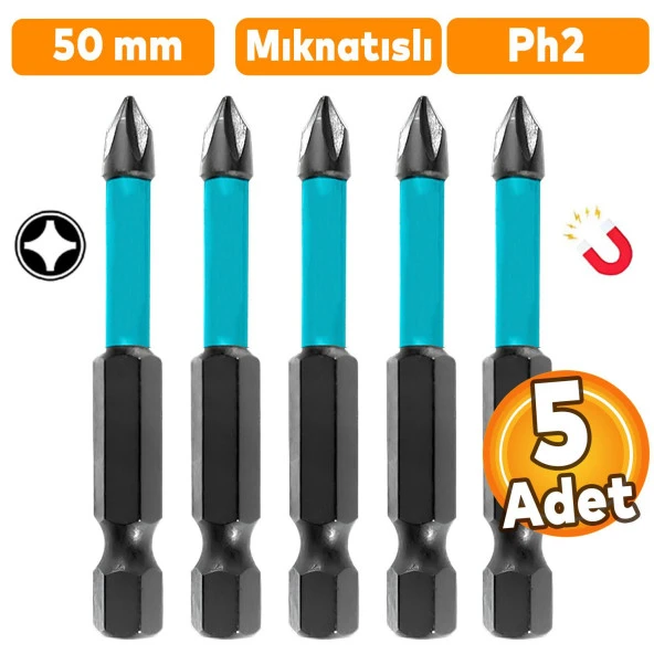 5 Adet Mıknatıslı Bits Uç Ph2 50 mm Vida Sökme 5 Cm Yıldız Matkap Vidalama Ucu S2 Çeliği ürün görseli 1