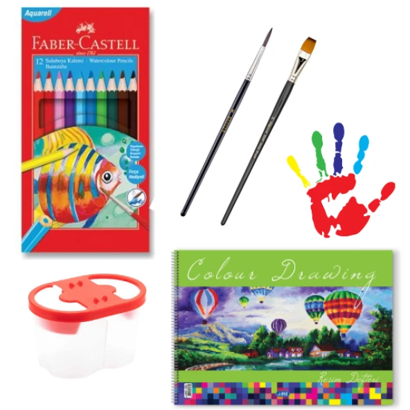 faber 12 renk aquarel kuru sulu boya kalemi ve 25x35 resim defteri boyama seti önce kuru sonra sulu ürün görseli 1