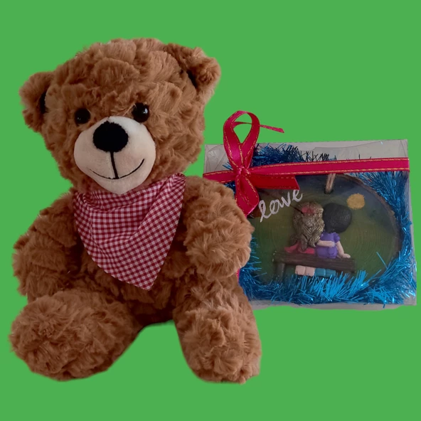 Peluş Ayıcık ve Sırtı Dönük Love Temalı Ahşap Hediyelik ürün görseli 1