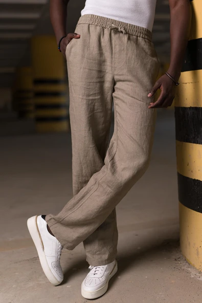 Beli Lastikli Ve İplikli %100 Linen Kumaş Orjinal Keten Bol Paça İnce Yazlık Baggy Pantolon ürün görseli 1