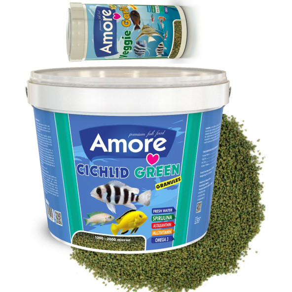 Amore Cichlid Green 3 Kg Kova + Veggie Garlic Pro Chips 250ml Kutu Akvaryum Balık Yemi ürün görseli 1