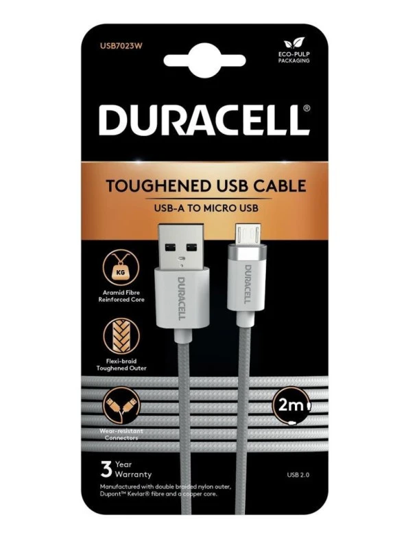 Duracell USB-A to Micro Hızlı Şarj Kablosu 2 metre Kevlar Örgülü Dayanıklı Data Kablosu - Beyaz ürün görseli 1