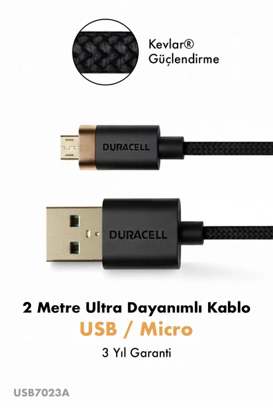Duracell USB-A to Micro Hızlı Şarj Kablosu 2 metre Kevlar Örgülü Dayanıklı Data Kablosu - Siyah ürün görseli 1