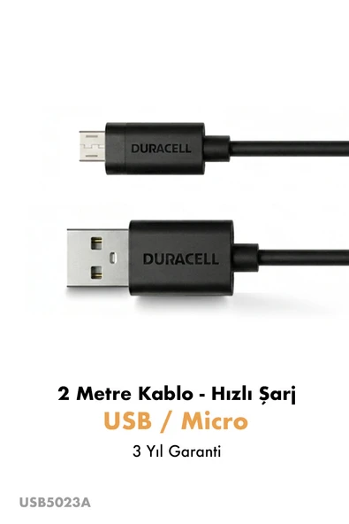 Duracell USB-A to Micro Hızlı Şarj ve Data Kablosu 2 metre - Siyah ürün görseli 1
