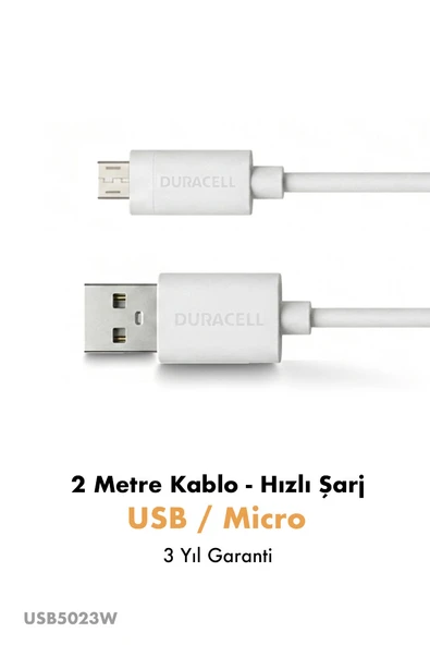 Duracell USB-A to Micro Hızlı Şarj ve Data Kablosu 2 metre - Beyaz ürün görseli 1