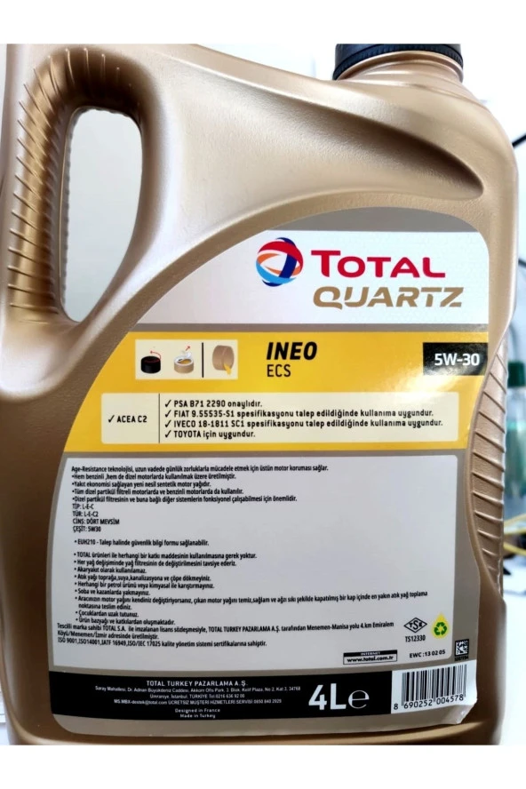 TOTAL Quartz Ineo Ecs 5w-30 Motor Yağı 4 Lt - Peugeot Ve Citroen ürün görseli 1