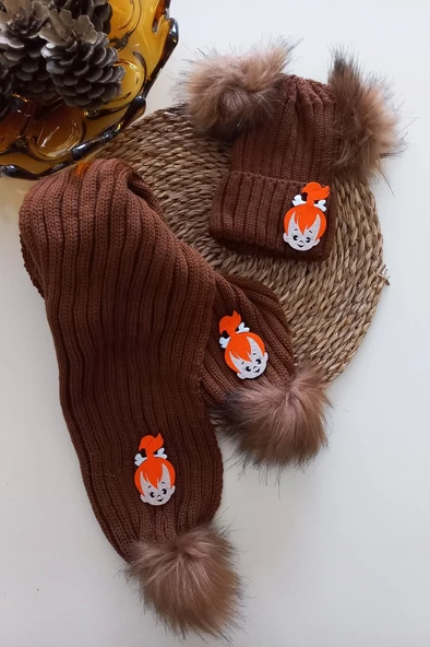 MARS BABY Kız Erkek Unisex Bebek Çocuk Taba Kahve Çakıl Figürlü Ponponlu Atkı Bere Takımı ürün görseli 1