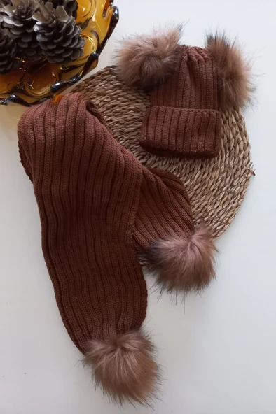 MARS BABY Kız Erkek Unisex Bebek Çocuk Taba Kahverengi Ponponlu Atkı Bere Takımı ürün görseli 1